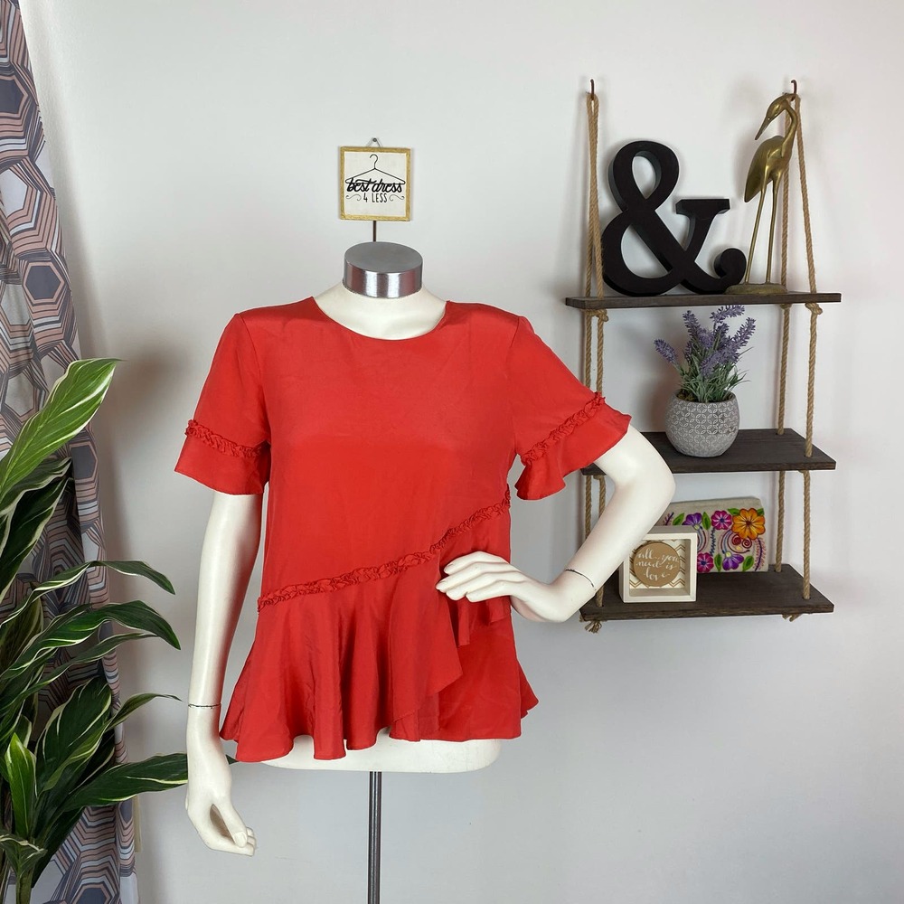 Cinq a Sept Anthro Coral Ruffle Silk Blouse